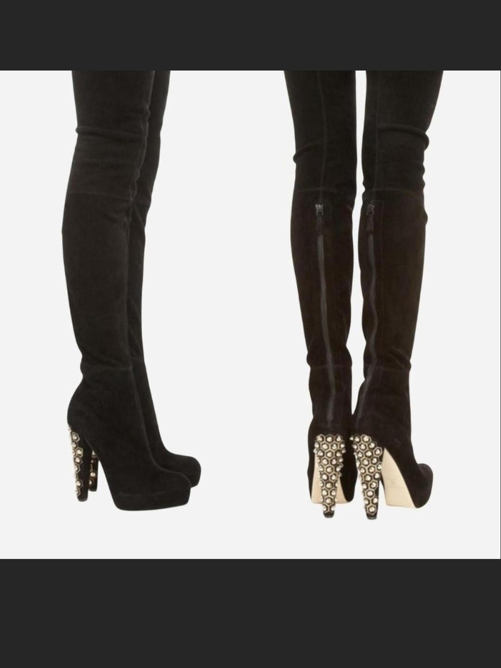 Rare Brian Atwood gold studded suede sock thigh high boots
color-black